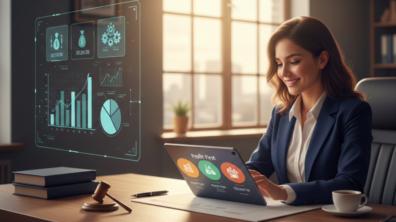 Advogada em escritório moderno analisando gráficos de gestão financeira e metodologias como Profit First e Regra 50/30/20 em um tablet